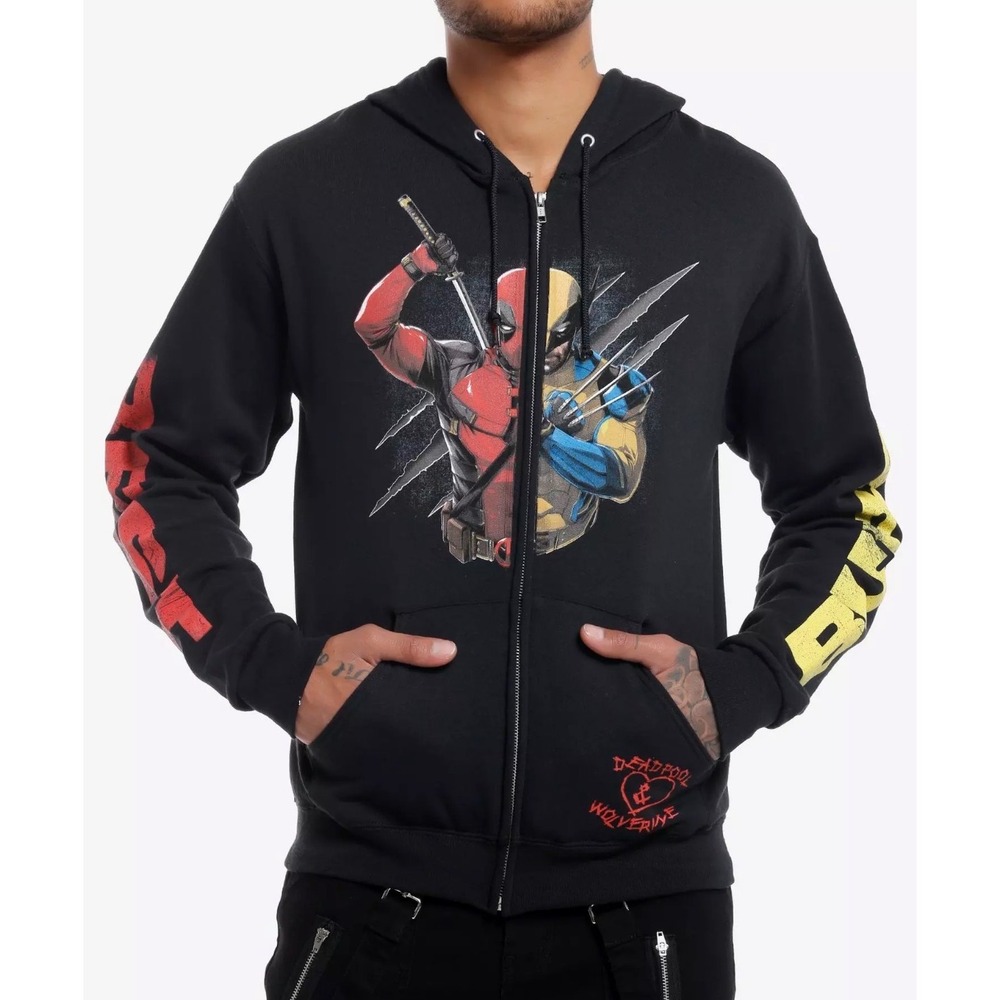 Marvel Deadpool & Wolverine Hot Topic Zip Up Hoodie Black Medium Best Bubbs MCU